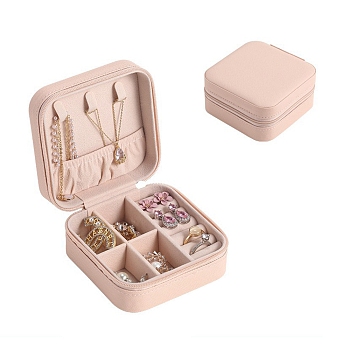 Square PU Leather Jewelry Set Organizer Zipper Box, Portable Travel Jewelry Case for Earrings, Rings, Necklaces, Pink, 10x10x5cm