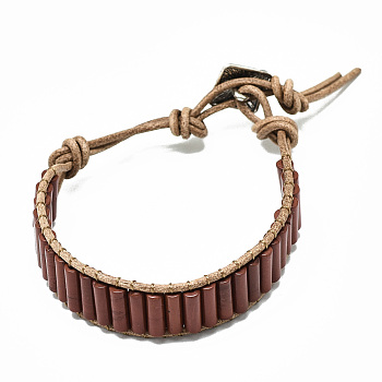 Cowhide Leather Cord Bracelets, with Column Natural Red Jasper Beads and Alloy Findings, 9~11 inch(23~28cm)