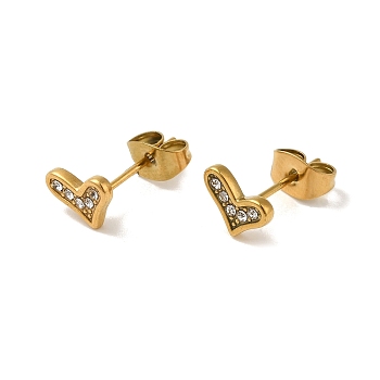 304 Stainless Steel Crystal Rhinestone Stud Earrings for Women, Golden, Heart, 6.5x8mm
