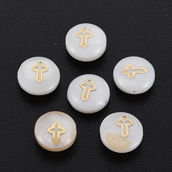 Natural Freshwater Shell Beads, with Golden Plated Brass Metal Embellishments, Flat Round with Cross, Seashell Color, 8x3.5mm, Hole: 0.7mm