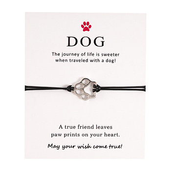 Alloy Dog Paw Print Link Bracelet, Waxed Cord Adjustable Bracelet for Women, Black, 6-1/4~11-3/4 inch(16~30cm)