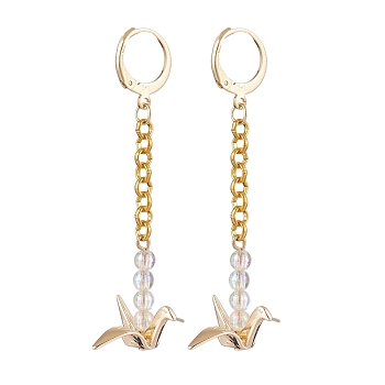 Origami Crane Brass Chain Dangle Earrings with Acrylic Beads, 304 Stainless Steel Leverback Earrings for Women, Golden, 58x22mm