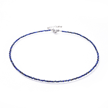 Natural Lapis Lazuli Beaded Necklaces, with 304 Stainless Steel Lobster Claw Clasps and Brass Extender Chains, Faceted, 15.8 inch(40.2cm)