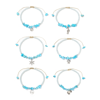 Ocean Theme Synthetic Turquoise Anklets Set, with Glass Beads and Tibetan Style Zinc Alloy Charms, Inner Diameter: 2-1/2~3-5/8 inch(6.5~9.1cm), 6pcs/set