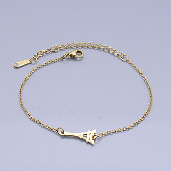 201 Stainless Steel Link Bracelets, with Lobster Claw Clasps, Eiffel Tower, Golden, 6-3/4 inch(17.2cm)