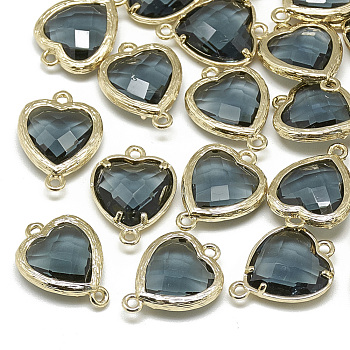 Glass Links connectors, with Golden Tone Brass Findings, Faceted, Heart, Dark Slate Gray, 15x10x3mm, Hole: 1mm