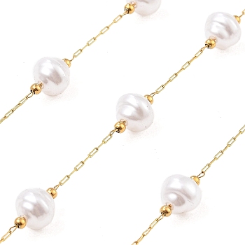 Ion Plating(IP) 304 Stainless Steel Paperclip Chains, Soldered, with ABS Imitation Pearl Beads, Oval, Real 18K Gold Plated, 8.5x7.5mm, about 16.40 Feet(5m)/Roll