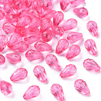 Transparent Acrylic Beads, Faceted, Teardrop, Hot Pink, 12x8mm, Hole: 1.5mm, about 1338pcs/500g