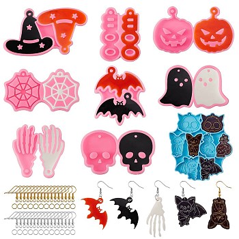 DIY Halloween Theme Dangle Earring Making Kits, Bat & Hat & Ghost & Spider Web Pendant Silicone Mold, 200Pcs 2 Colors Iron Open Jump Rings and Brass Earring Hooks, Mixed Color, 32~111x38~104x5~6mm, hole: 1.8~3mm