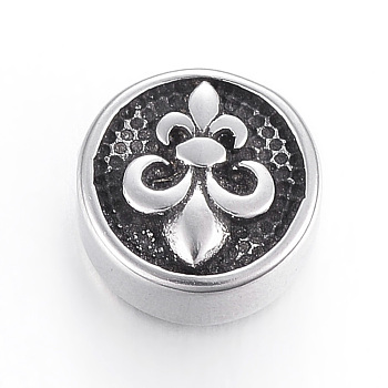 304 Stainless Steel Beads, Flat Round with Fleur De Lis, Antique Silver, 10x6mm, Hole: 2mm
