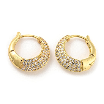Brass Micro Pave Cubic Zirconia Hoop Earrings, Double Horn, Real 16K Gold Plated, 18x6x18.5mm