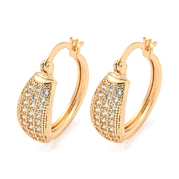Brass Micro Pave Clear Cubic Zirconia Hoop Earrings, Leaf, Light Gold, 21.5x7.5mm