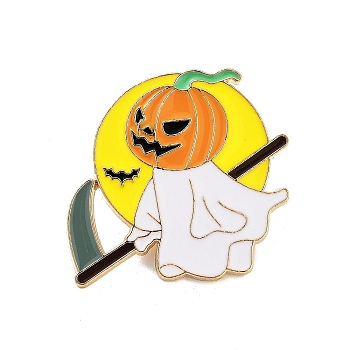 Halloween Alloy Enamel Brooches, Golden Enamel Pins, Pumpkin, 32x33x2mm