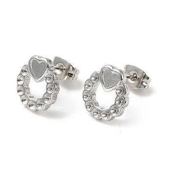 304 Stainless Steel Stud Earring Findings, Earring Settings for Rhinestone, Ring with Heart, Stainless Steel Color, 11x10mm, Pin: 0.7mm, Fit for Rhinestone: 1.5mm