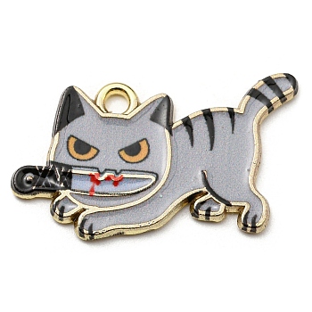 Printed Alloy Pendants, with Enamel, Golden, Cadmium Free & Nickel Free & Lead Free, Cat with Knife Shape Charms, Gray, 17x29x1.5mm, Hole: 2mm