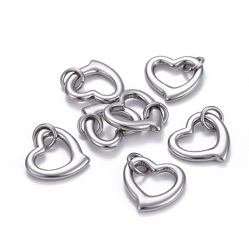 304 Stainless Steel Open Heart Charms, with Jump Ring, Stainless Steel Color, 14x14x2mm, Hole: 4mm