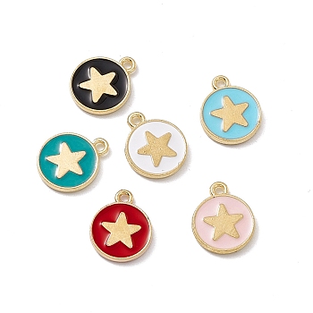 Alloy Enamel Pendants, Light Gold, Flat Round with Heart Charm, Mixed Color, 16x13x2mm, Hole: 1.6mm