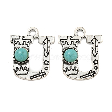 Antique Silver Letter U Synthetic Turquoise Pendants