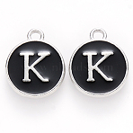 Platinum Plated Alloy Charms, Cadmium Free & Lead Free, with Enamel, Enamelled Sequins, Flat Round with Letter, Letter.K, 14x12x2mm, Hole: 1.5mm(X-ENAM-S118-02K-P)