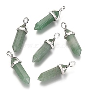 Natural Green Aventurine Double Terminated Pointed Pendants, with Random Alloy Pendant Hexagon Bead Cap Bails, Bullet, Platinum, 36~45x12mm, Hole: 3x5mm, Gemstone: 10mm in diameter(X-G-F295-04A)