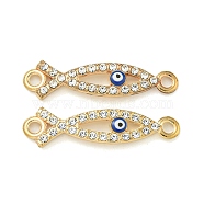 Alloy Blue Enamel Evil Eye Connector Charms, Crystal Rhinestone Links, Golden, Jesus Fish, 18.5x29x2.5mm, Hole: 2mm(ENAM-S003-03A)