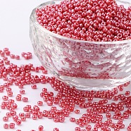 (Repacking Service Available) Glass Seed Beads, Opaque Colors Lustered, Round, Crimson, 12/0, 2mm, Hole: 1mm, about 12g/bag(SEED-C021-2mm-125B)