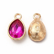 Faceted Glass Rhinestone Pendants, with Golden Tone Zinc Alloy Findings, Teardrop Charms, Fuchsia, 15x9x5mm, Hole: 2mm(GLAA-I051-A15)