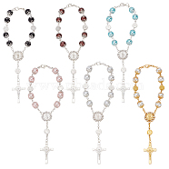 6Pcs 6 Colors Glass Pearl Rosary Bead Bracelets Set, Alloy Cross with Jesus Charm Bracelets, Mixed Color, 9-1/8 inch(23.3cm), 1Pc/color(BJEW-GO0001-01)