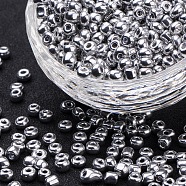 Electroplate Glass Seed Beads, Round Hole Rocailles, Platinum Plated, 3.5~5.5mm in diameter, 2.5~6.8mm thick, Hole: 1mm, about 6140pcs/pound(SEED-Q005-02)