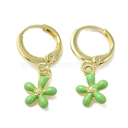 Flower Real 18K Gold Plated Brass Dangle Leverback Earrings, with Enamel, Lawn Green, 24x9mm(EJEW-L268-009G-01)