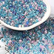 Transparent Glass Round Seed Beads, Inside Colours, Round, Sky Blue, 6/0, 4x3mm, Hole: 1.2mm, about 7258pcs/pound(SEED-B001-05A-07)