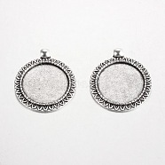 Flat Round Tibetan Style Alloy Pendant Cabochon Settings, Cadmium Free & Lead Free, Antique Silver, Tray: 25mm, 38x33x2mm, Hole: 4mm, about 172pcs/1000g(PALLOY-K109-17AS-RS)