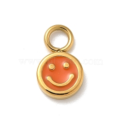 Ion Plating(IP) 304 Stainless Steel Enamel Charms, Real 14K Gold Plated, Flat Round with Smiling Face Charm, Dark Orange, 10x6x1.5mm, Hole: 2mm(STAS-G351-03G-01)