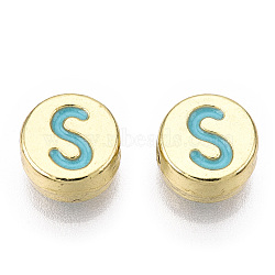 Alloy Enamel Beads, Cadmium Free & Lead Free, Flat Round with Initial Letters, Light Gold, Sky Blue, Letter S, 8x4mm, Hole: 1.6mm(ENAM-S122-029S-A-RS)