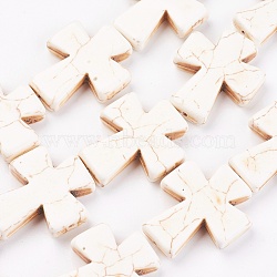 Synthetic Turquoise Beads Strands, Dyed, Cross, Beige, 35x30x7mm, Hole: 1mm, about 98pcs/1000g(TURQ-G117-30x35mm-04)