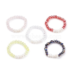 Natural Pearl & Faceted Glass Beads Stretch Rings for Teen Girl Women, Mixed Color, US Size 7 3/4(17.9mm)(RJEW-JR00400)