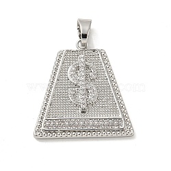 Brass Micro Pave Cubic Zirconia Pendants, Long-Lasting Plated, Trapezoid with Dollar Shape, Platinum, 27x26x3mm, Hole: 6.5x4mm(KK-P250-10P)