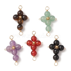 Natural Mixed Gemstone Connector Charms, Eco-Friendly Golden Plated Copper Wire Wrapped Cross Links with Brass Round Beads, 31~32x18~18.5x6~6.5mm, Hole: 2.5~3mm(PALLOY-JF02150)