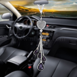 Alloy Heart with Rhinestone Teardrop Tassel Pendant Decorations, for Interior Car Mirror Hanging Decorations, Violet, 250mm(AUTO-PW0001-16F)