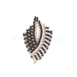 Handmade MIYUKI Japanese Seed Loom Pattern Seed Beads, Leaf Pendants, Black, 37.5x23x2mm, Hole: 1.8mm(PALLOY-MZ00114-02)