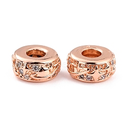 Brass Micro Pave Clear Cubic Zirconia Beads, Long-Lasting Plated, Cadmium Free & Lead Free, Rondelle with Star, Rose Gold, 7.5x3.5mm, Hole: 2.8mm(ZIRC-P091-02A-RG-RS)