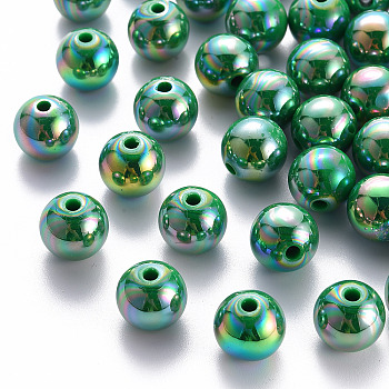 Opaque Acrylic Beads, AB Color Plated, Round, Green, 12x11mm, Hole: 2.5mm, about 566pcs/500g