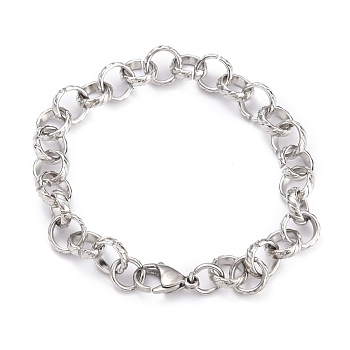 304 Stainless Steel Rolo Chain Bracelets, with Lobster Claw Clasps, Textured, Stainless Steel Color, 8 inch(20.3cm)