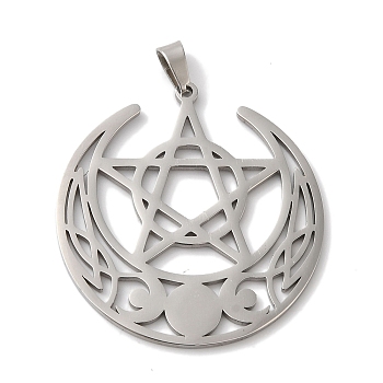 Non-Tarnish 304 Stainless Steel Pendants, Laser Cut, Triple Moon with Star Charm, Stainless Steel Color, 35x33x1mm, Hole: 5x3mm