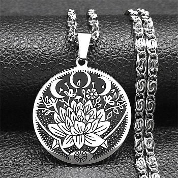 304 Stainless Steel Lunar Lotus Talisman Pendant Necklaces, Lumachina Chains Necklaces, Stainless Steel Color, 19.69 inch(50cm)