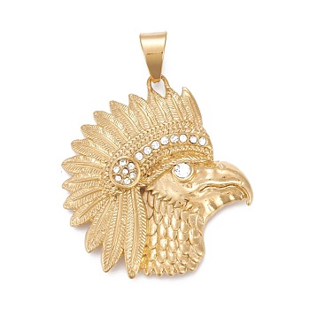 304 Stainless Steel Big Pendants, with Crystal Rhinestone, Eagle Head, Golden, 52x48x6.5mm, Hole: 8x11mm