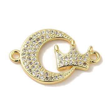 Rack Plating Brass Micro Pave Cubic Zirconia Links, Cadmium Free & Lead Free, Long-Lasting Plated, Moon, Crown, Real 18K Gold Plated, 14x22.5x2.5mm, Hole: 1.5mm