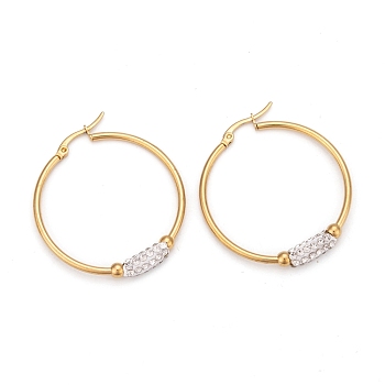 304 Stainless Steel Hoop Earrings, with Polymer Clay Crystal Rhinestone, Ring, Golden, 38x5.5mm, Pin: 0.8x1mm
