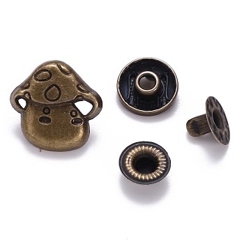 Brass Snap Buttons, Alloy Cap, Garment Buttons, Cadmium Free & Lead Free, Mushroom Shape, Antique Bronze, Cap: 17.5x17.5mm, Pin: 3mm, Stud: 10x4mm, knob: 4.5mm & 10x6.5mm, knob: 3.5mm, Socket: 12x4mm, half-drill: 5mm