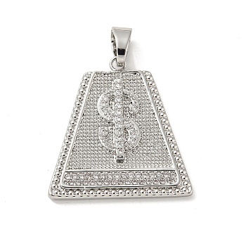 Brass Micro Pave Cubic Zirconia Pendants, Long-Lasting Plated, Trapezoid with Dollar Shape, Platinum, 27x26x3mm, Hole: 6.5x4mm